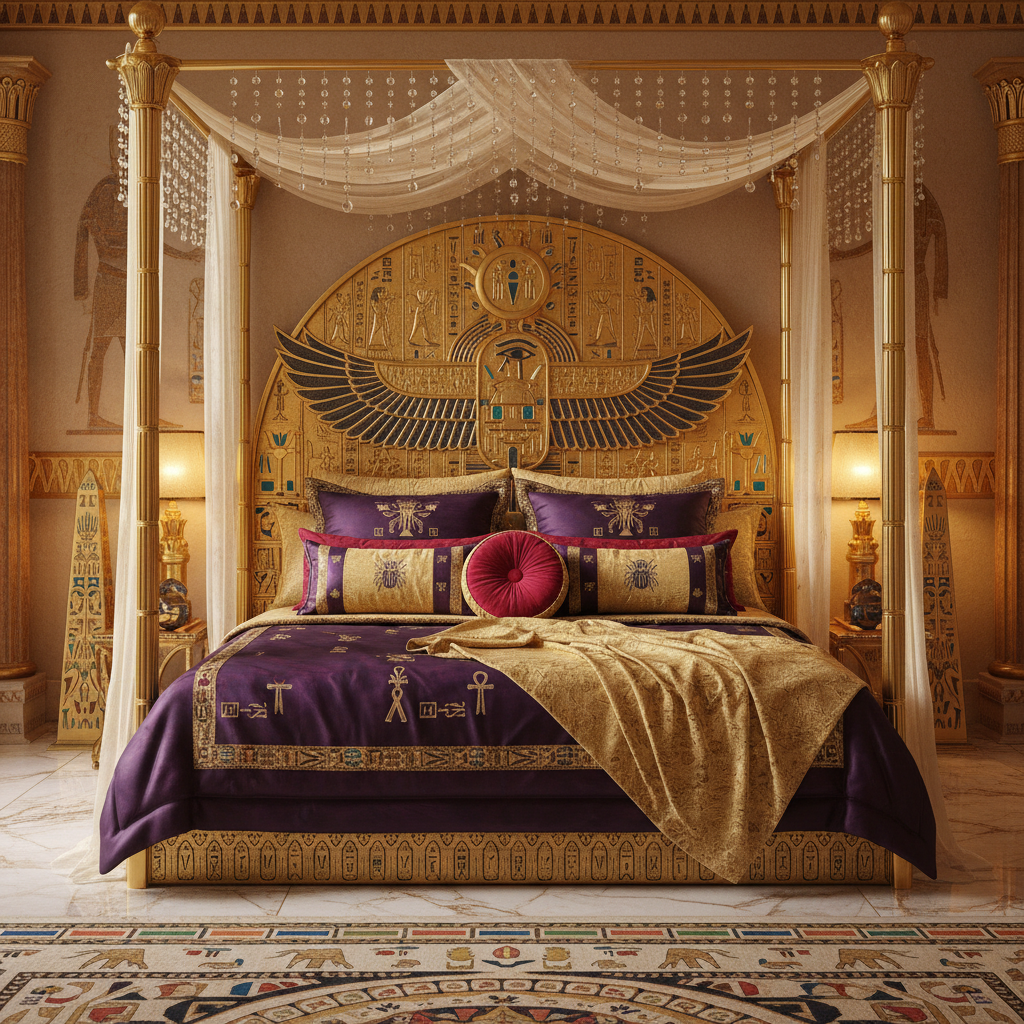 Egyptian-style bed with ornate golden headboard