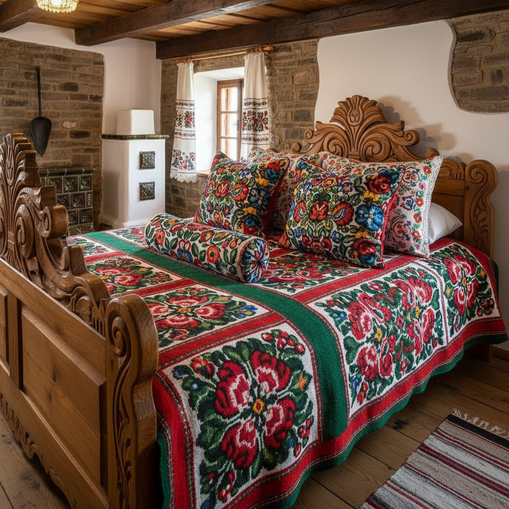 Traditional Hungarian folk bed with hand-carved wooden headboard