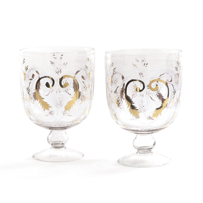 Pair Of Etched Glass Hurricanes With Gold Accents