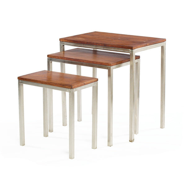 Set of Three Nickel and Wood Nesting Tables