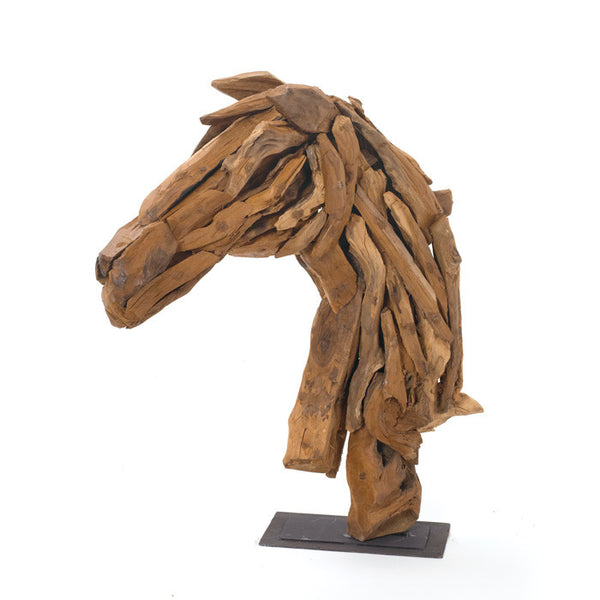 Wood Horse Head On Iron Stand