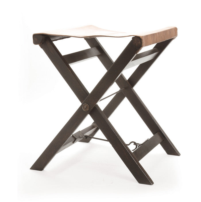 Folding Leather And Wood Camp Stool